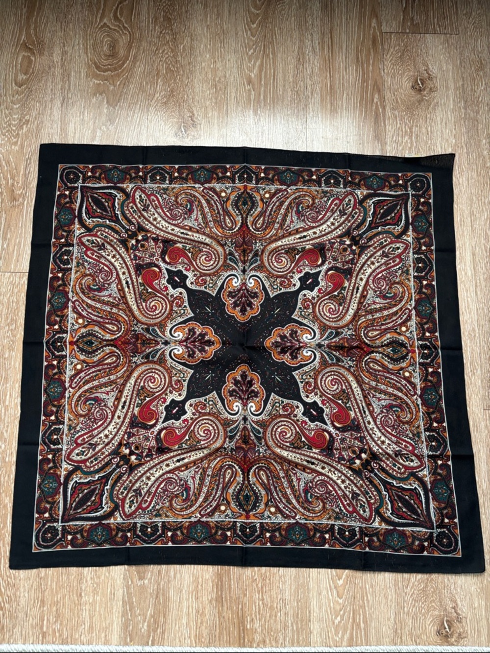 Vintage made in Italy paisley print square scarf, black/brown/red, 29” x 31”